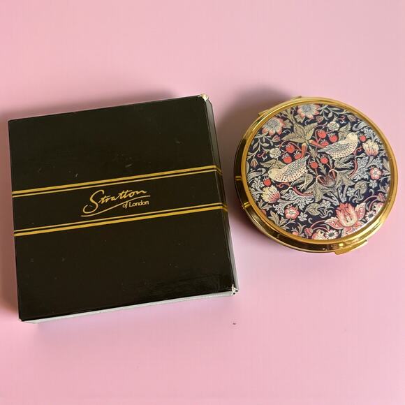 Stratton Powder Compact Mirror Strawberry Thief William Morris Gold Tone Birds - Picture 8 of 10